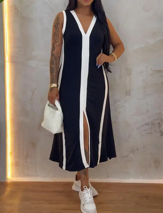 

Women Dresses New Fashion Striped Sleeveless Plunge Neckline Midi Dress with Slit Detail Female Casual Loose Fit A Line Dresses