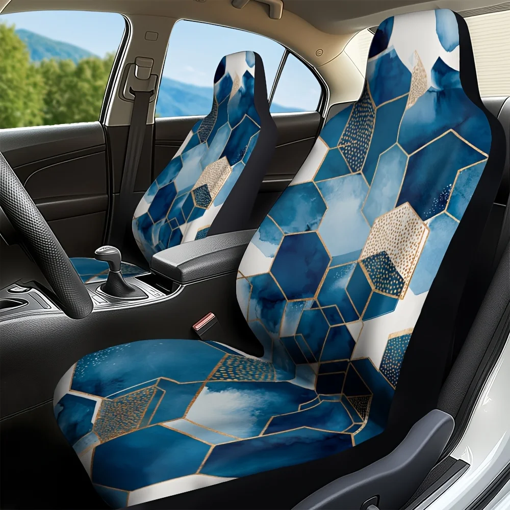 2pcs Geometric Blue Hexagon Front Seat Covers - Stylish Machine Washable Polyester Car Seat Covers With Golden Accents, Fit For