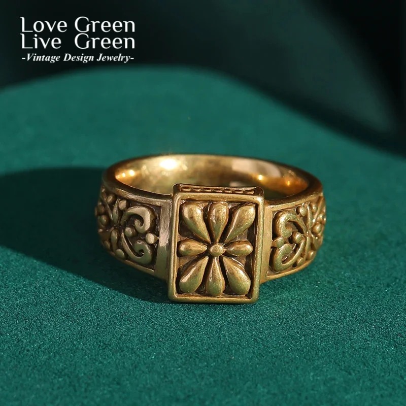 

Vintage Antique Gold Color Simple Flower Square Rings Gold Color Carving Jewelry for Women Band Carving Retro Accessories 2025