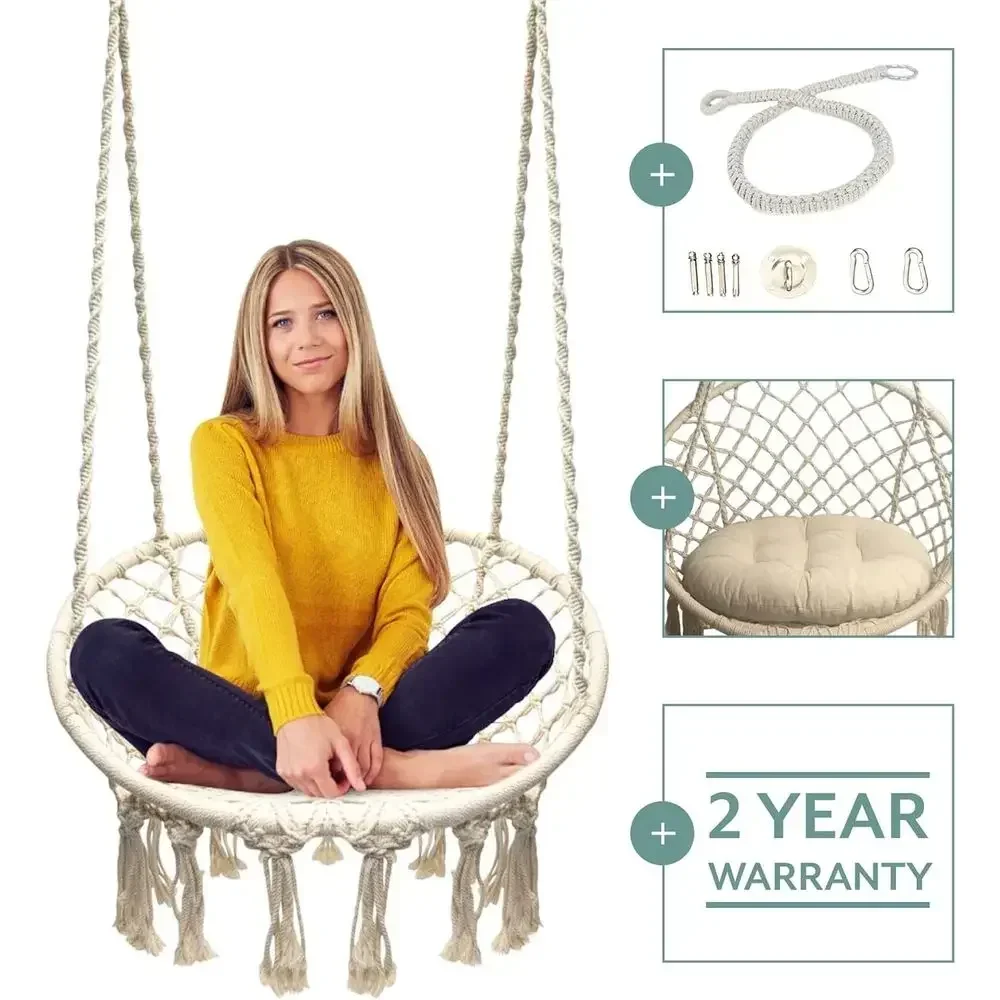 Handcrafted Hanging Hammock Chair with Cotton Cushion, Complete with Hanging Kit - Perfect for Indoor and Outdoor Relaxation (Cr