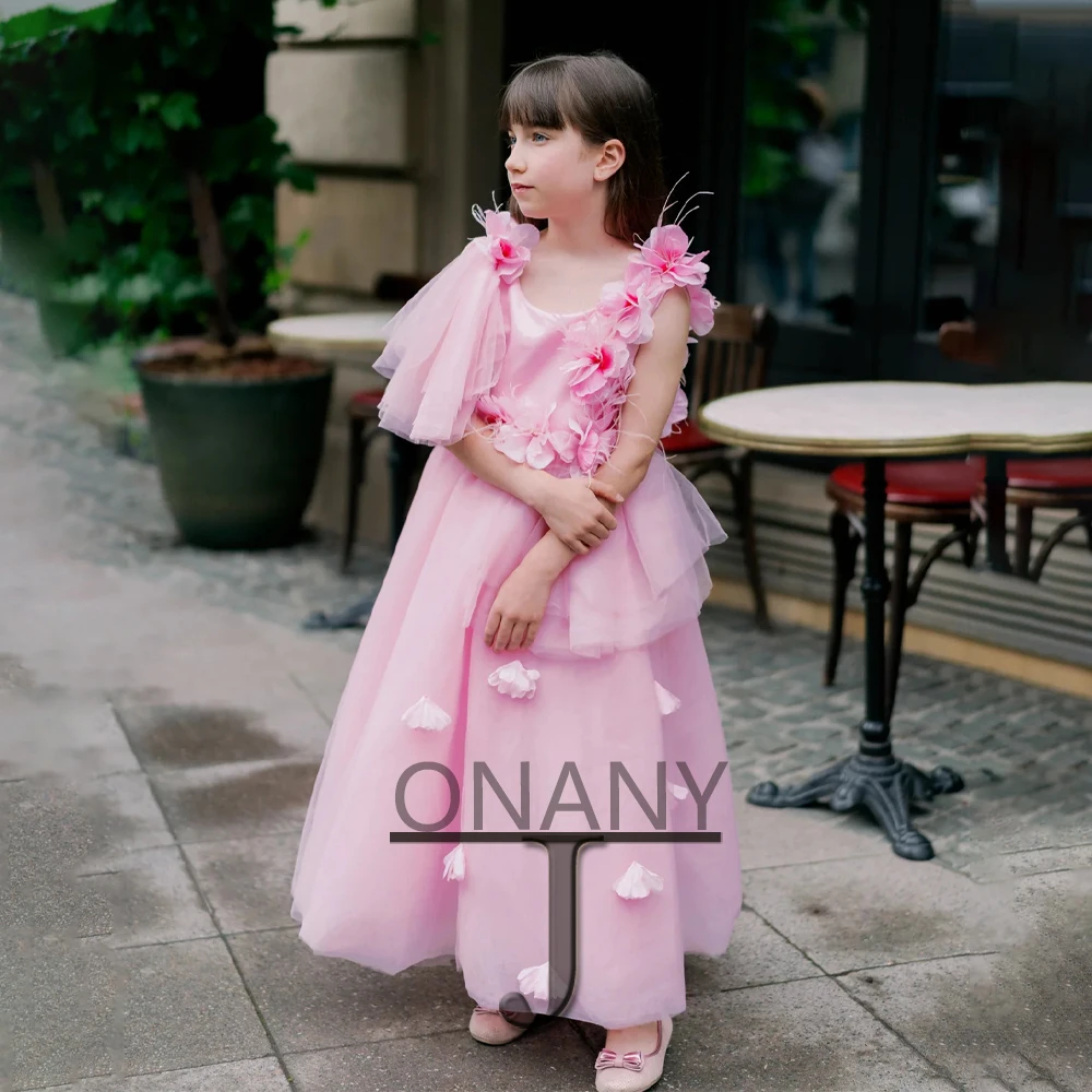 Jonany-Robe de demoiselle d'honneur 3D pour enfant, plumes Aline, col rond, tulle, sur mesure, anniversaire, reconstitution historique, communion, luxe