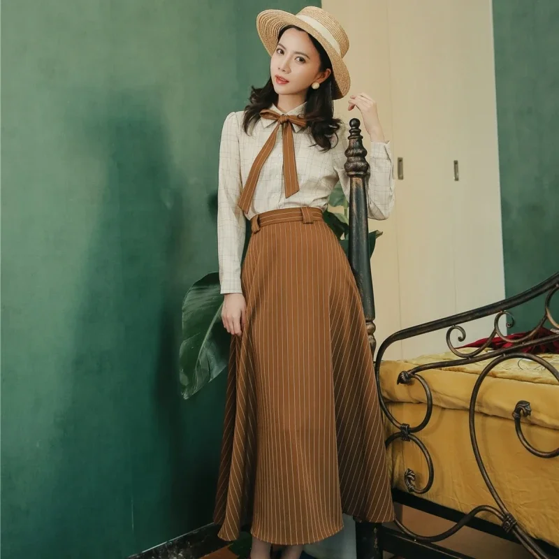 England Style Retro Suit Women Spring Autumn Outfits Plaid Shirt+Vertical Stripes Vest Skirt 3 piece Set Vintage Fashion Female