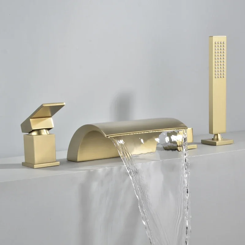 Imagem -02 - Gold Brushed Waterfall Bathtub Faucet Grupo Latão Sólido Preto Buracos Torneira Misturadora de Água Quente e Fria Banheiro Pcs