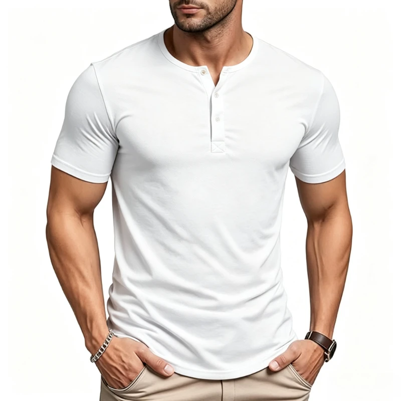 Men's Short Sleeve Henley Neck T-shirts Solid Color Male Fitness Tops Summer Slim Fit Button Neck Casual Cozy Tshirt Streetwear