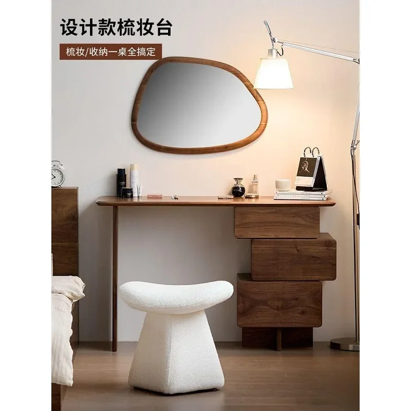 Walnut Finish Solid Wood Dresser Modern Simple Makeup Desk for Bedroom Small Apartment Medium Size Storage Vanity Table