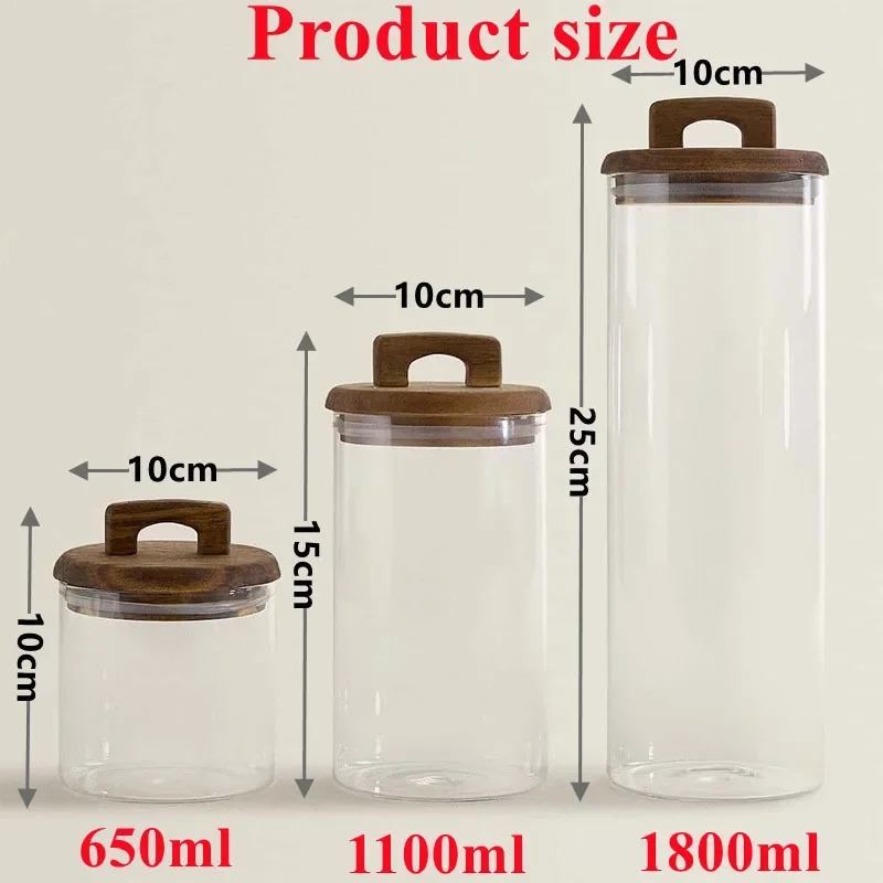 Glass Food Storage Tank with Wooden Lid Kitchen Coffee Beans Candy Tea Grains Canister Home Snacks Storage Jar