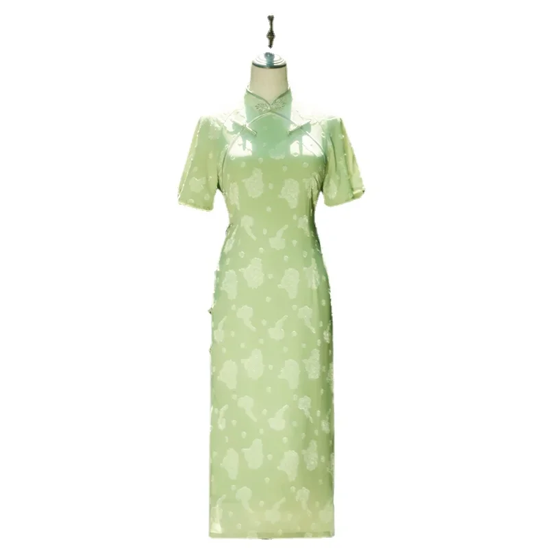 

Cheongsam Young High-End Temperament Modified Long Type Elegant Girl Green Chiffon Spring and Summer New