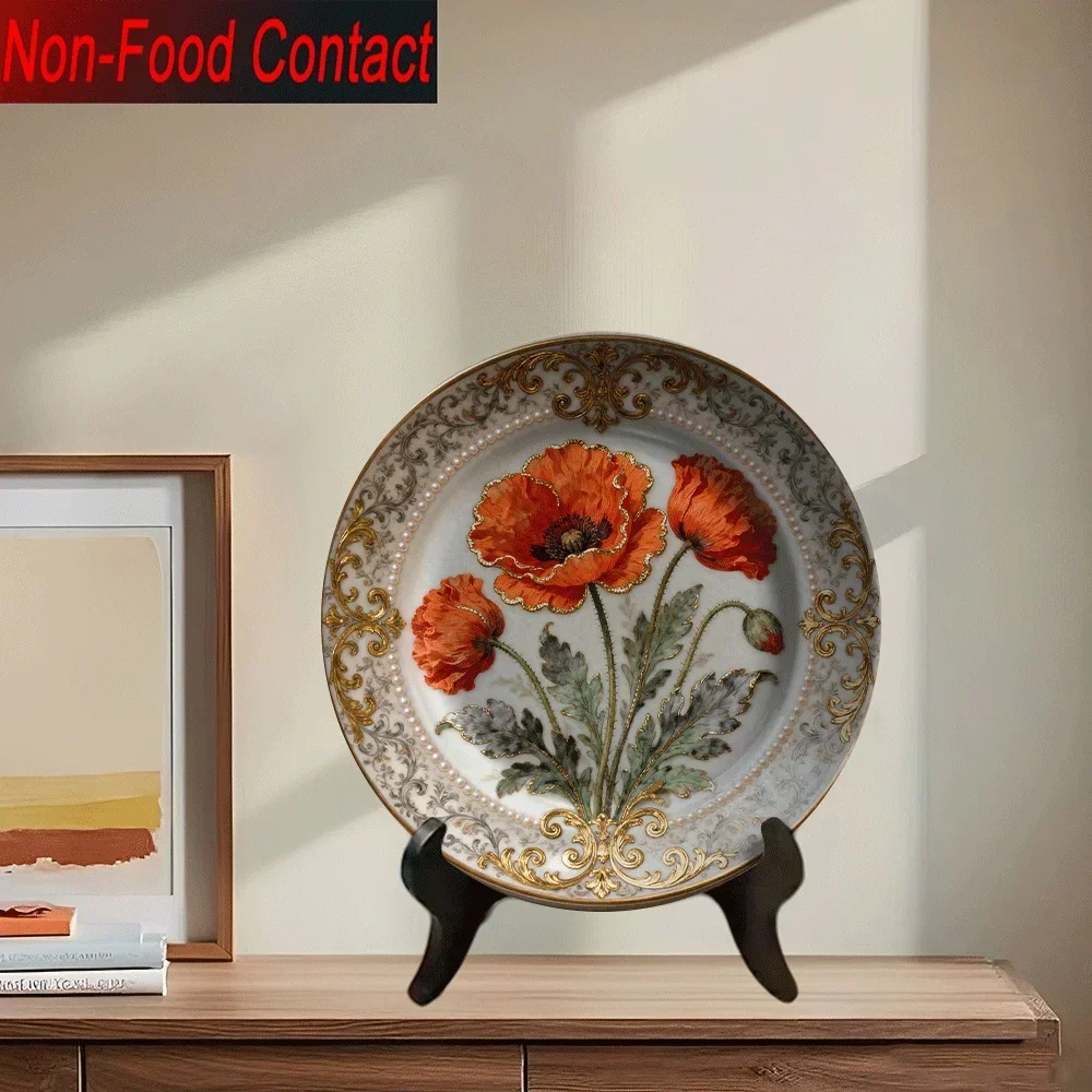 2D Flat, 1pc Elegant Floral Ceramic Plate - Non-Food Contact Decorative Dish with Red Poppies, Golden Border, for Home, Living
