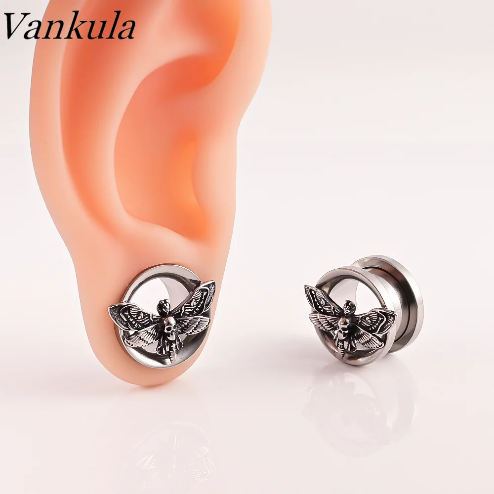 Vankula 2PCS Stainless Steel Ear Gauges Plugs Death Moth Teardrop Double Flared Tunnels Plugs Stretcher Plugs Piercing Jewelry