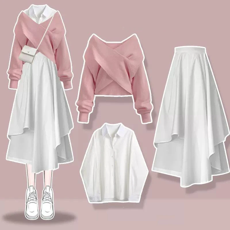 2024 Autumn Winter New Cross Knit Sweater on the Chest White Shirt Pleated Skirt Three Piece Set Women\'s Skirt Set Blouse Suit