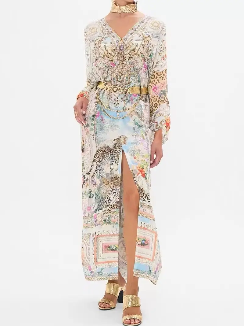 100% Seide Damen Maxikleid mit Schlitz, Kristallperlen, V-Ausschnitt, Fledermausärmeln, Locker Geschnittenes Retro-Kleid mit Druck