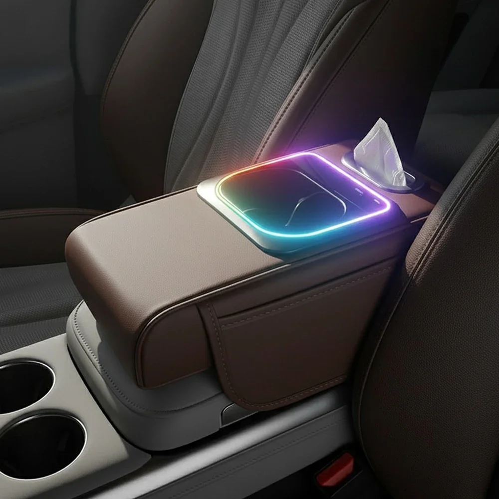 Apoio de braço do carro almofada console central organizadores armazenamento capa assento suporte copo caixa tecido slot telefone carregador rápido ambiente luz led