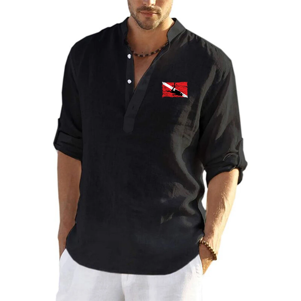 2026 Spring Autumn Scuba Diving Diver Man's New Cotton Linen Long-Sleeved Shirts Solid Color Stand-Up Collar Casual Tops