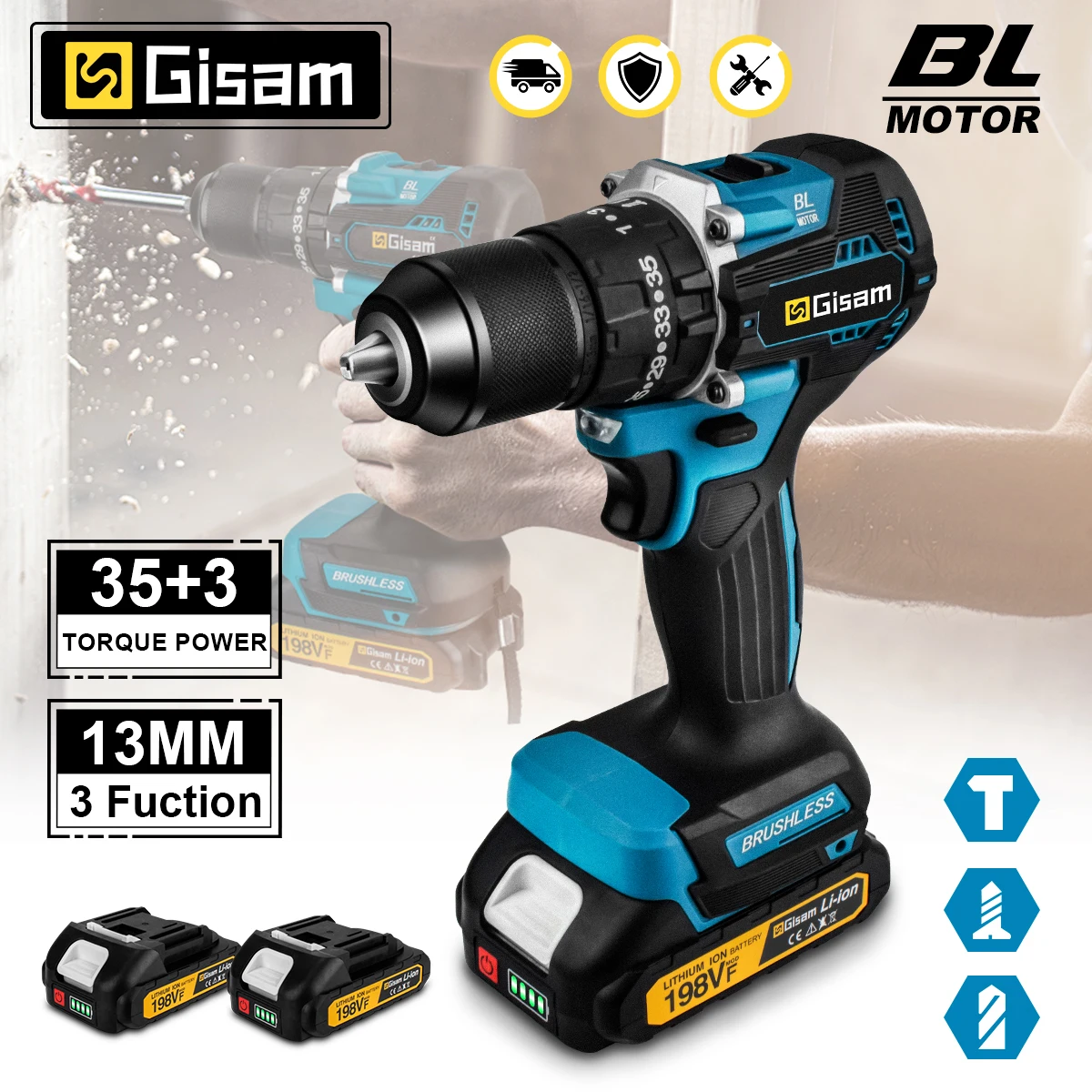 Gisam 65N.m 13MM 35+3 Torque Brushless Electric Impact Drill Cordless Electric Screwdriver DIY Power Tool For Makita 18V Battery