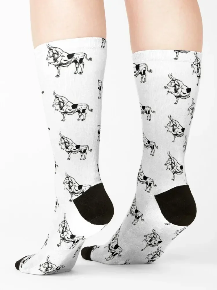 Calcetines de tatuaje de flores con bonito toro blanco y negro, medias de Navidad para escalar con estampado, calcetines para niña y hombre