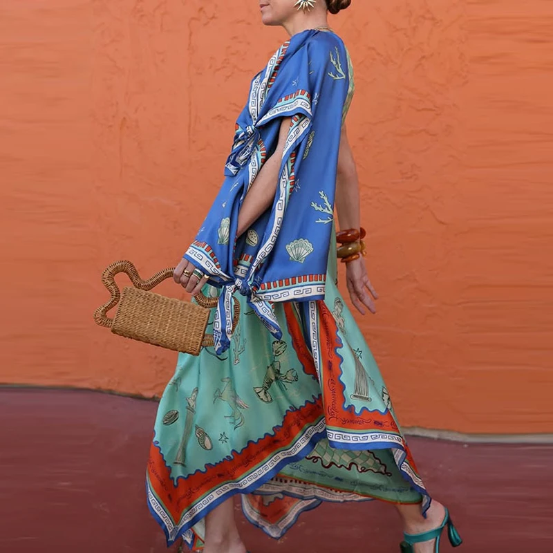 Elegancka satynowa sukienka bez rękawów z nieregularnym dołem, długa, letnia, nowa, w stylu bohemy, z nadrukiem, plisowana, seksowna sukienka z dekoltem O i wysoką talią.