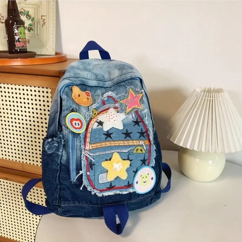 MBTI Vintage Hello Kitty Womens Backpack Denim Patchwork Cute Y2k Fashion University Backpack Harajuku Cartoon Female New Bag