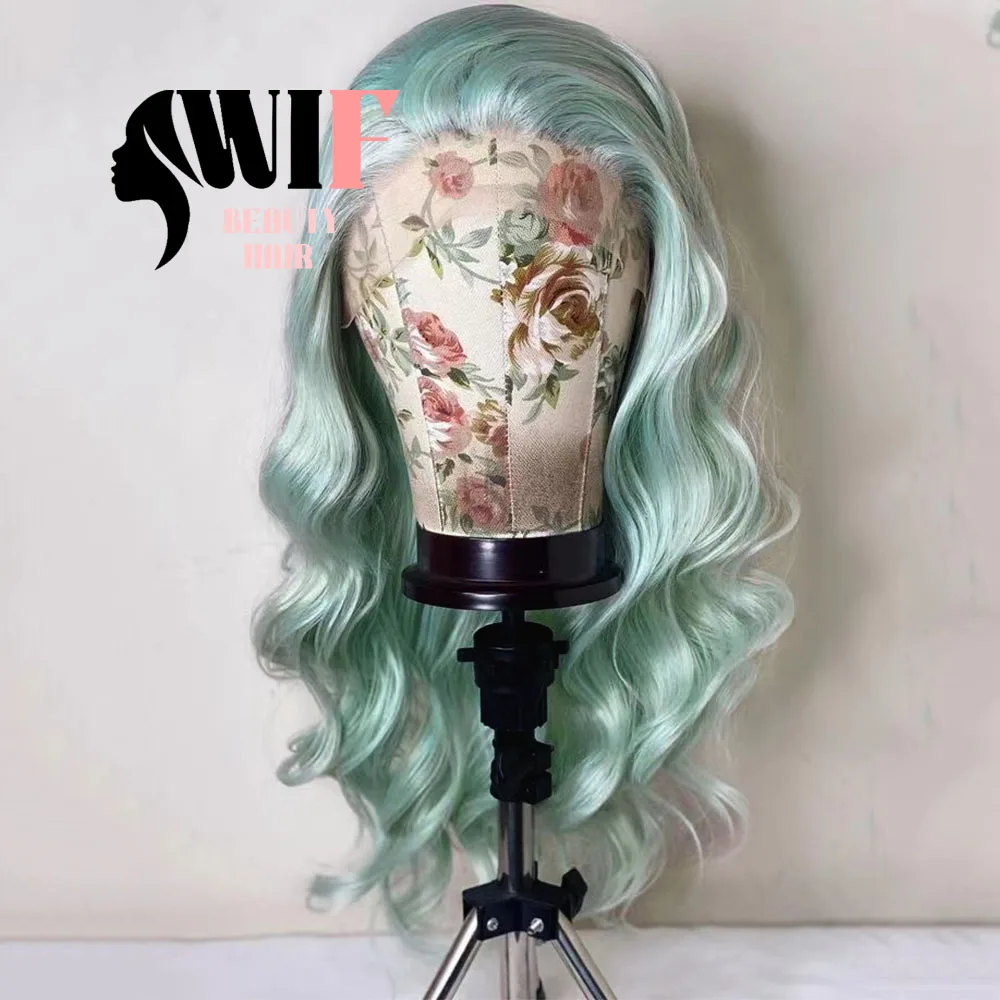 Wig renda rambut gelombang sintetis merah muda wiff Wig depan renda serat panas merah gelombang tubuh panjang Wig Cosplay riasan wanita rambut modis warna-warni