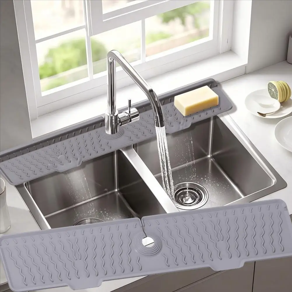 Silicone Soap Sponge Holder Silicone Faucet Mat with 7° Slope Drainage Adjustable Foldable Splash Guard Snap-on for Countertop