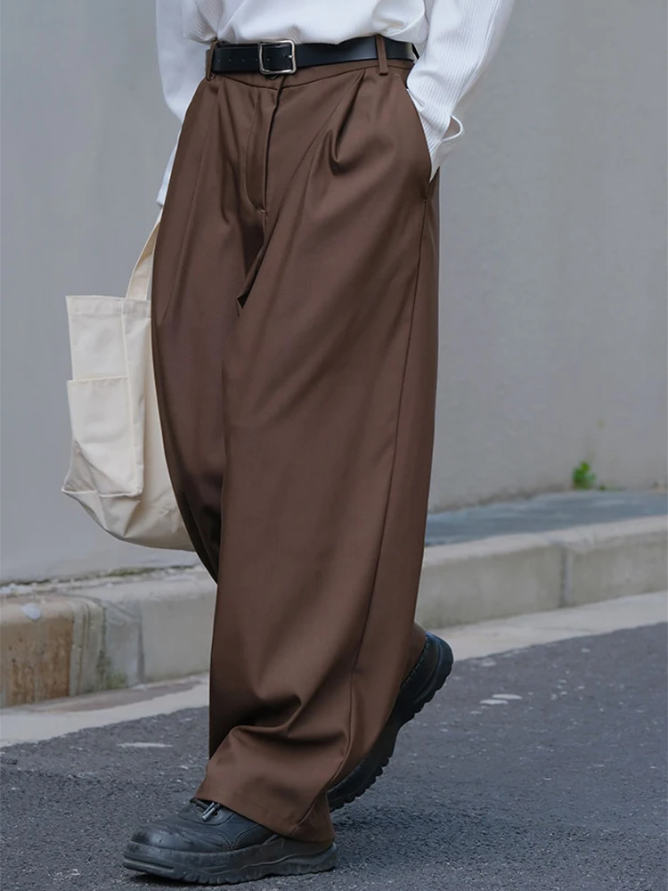 streetwear trendy mens 솔리드 컬러 바지 2025 봄 여름 패션 Pleated Loose Straight Pants 남성 캐주얼 단순 정장 바지