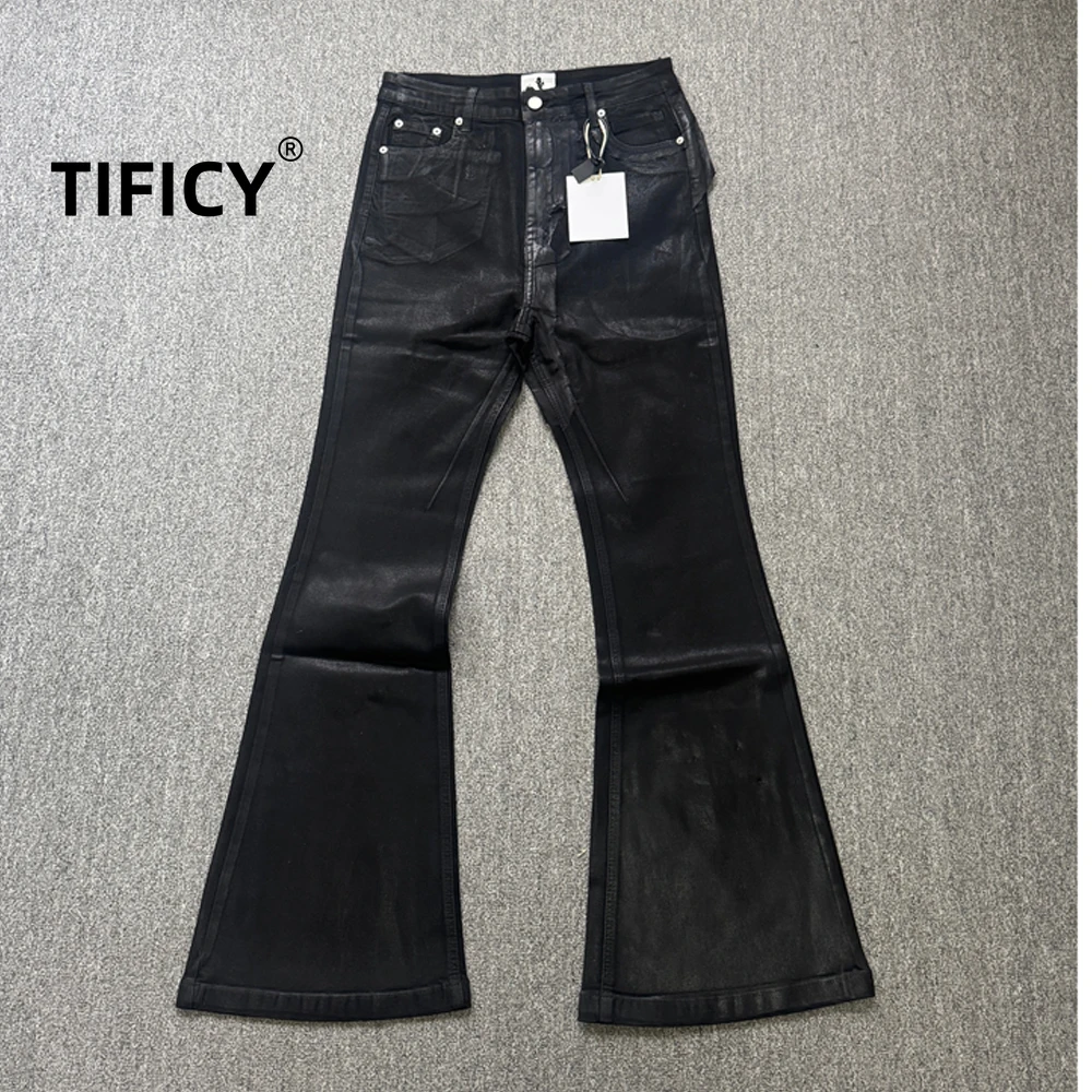 

High Street RO Style Pants Men's Coated Brushed Wax Patch Fabric Splicing Micro Stretch Jeans High Waisted Slim Fit Pants