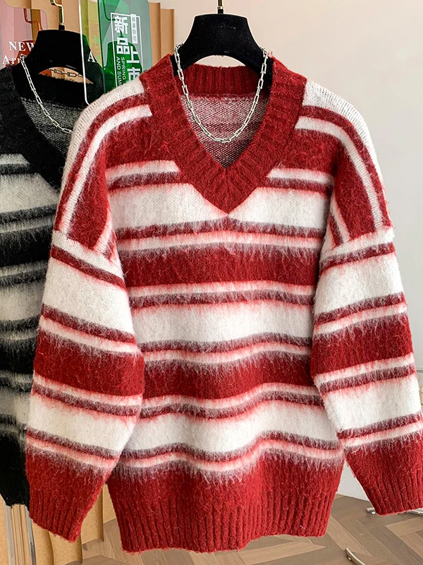 Roter Streifen-V-Ne-Strickpullover für Damen, lockere Farbe, Blo-gestreift, Frühling 2026, lässige Passform, bequeme Passform, langes Sve-Top