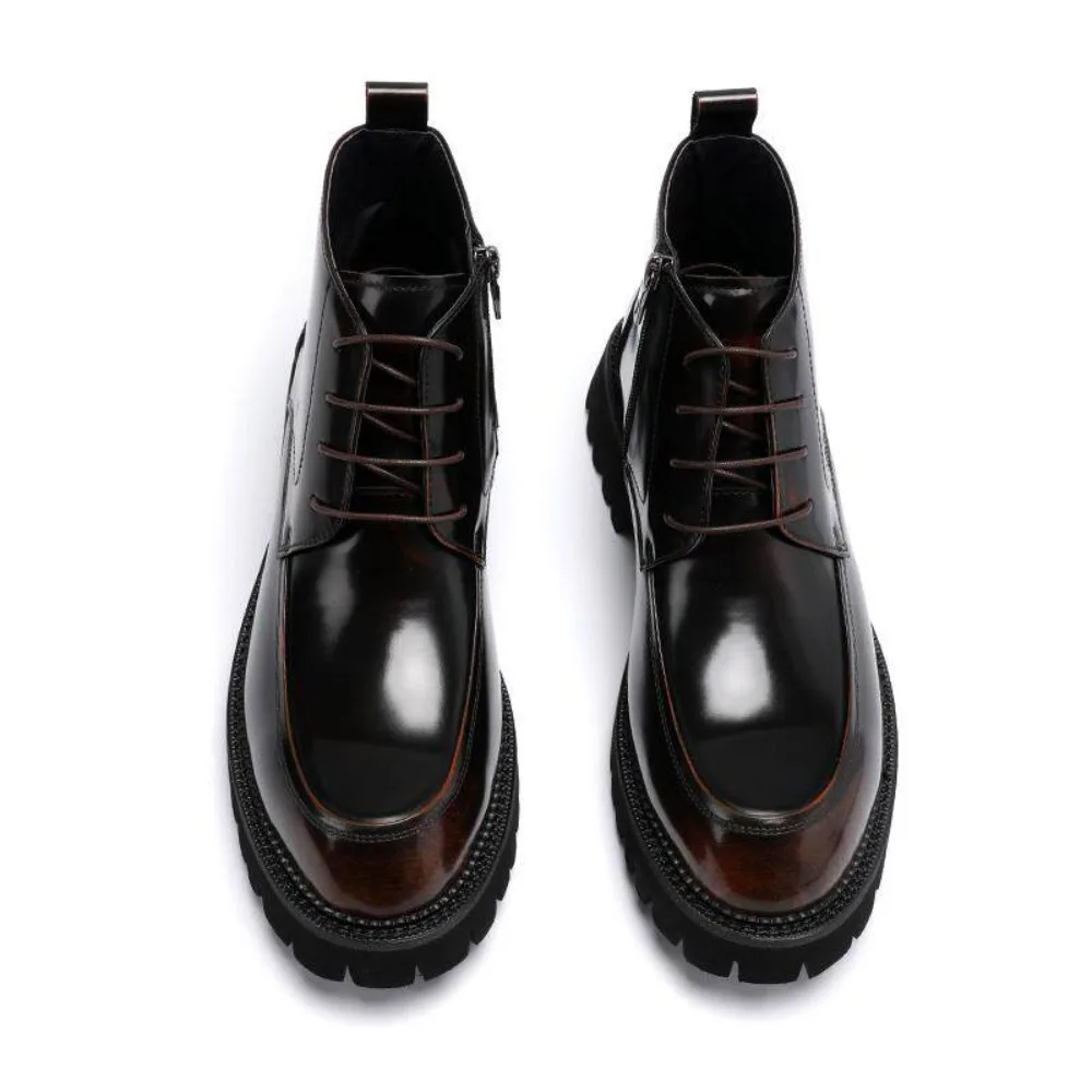 New Summer Mens Genuine Leather Glossy Boots Thick Sole Mid Top Fashion Work Boots Casual Leather Boots for Men