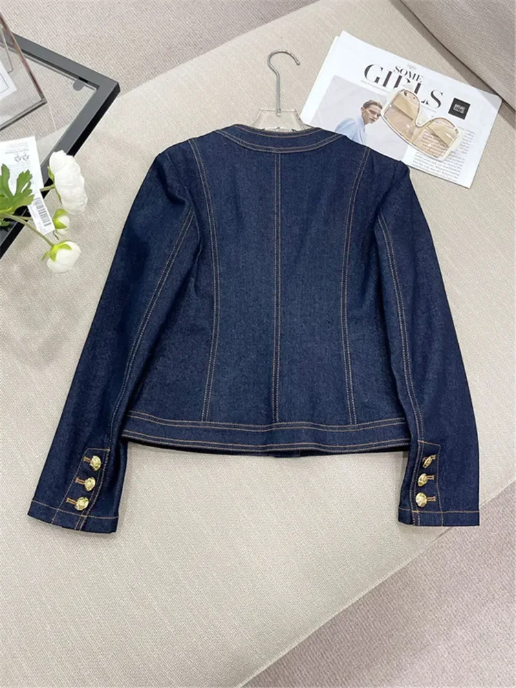 2024 Spring Autumn Vintage Style Casual Blue Elegant Denim Jacket Women\'s Fashion Luxury Style Single Breatsed Simple Jean Coat