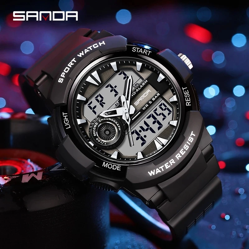 Sanda-reloj deportivo para hombre, con doble pantalla cronógrafo de pulsera, resistente al agua hasta 50m, 2023