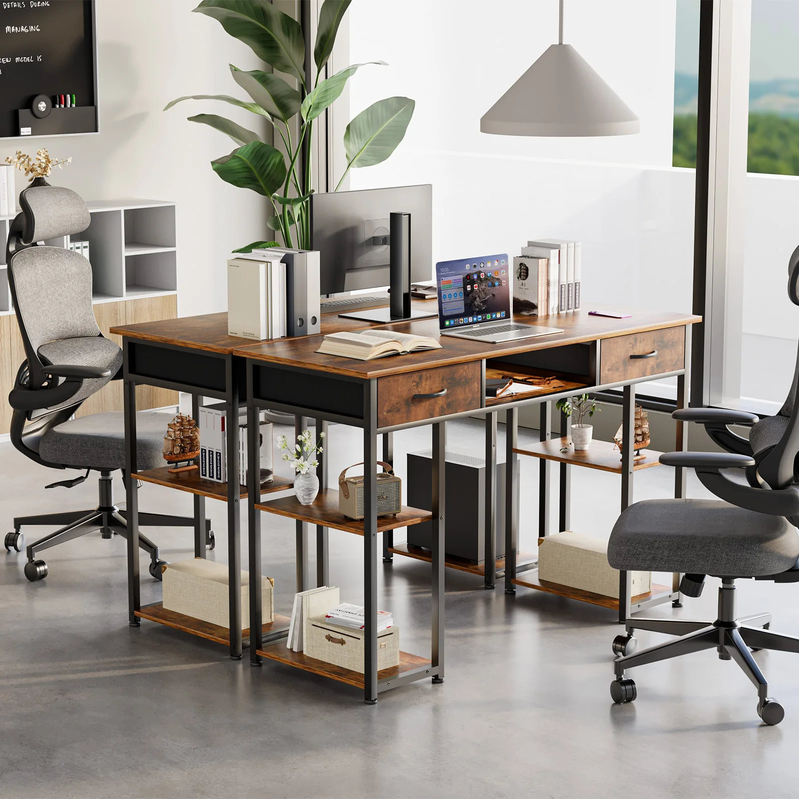48 Inch Double Deck Shelving Office Computer Desk with Pull-out Fabric Storage Drawers Metal Frame Adjustable Feet Table