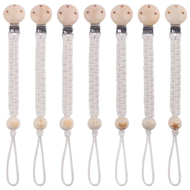 

Kissteether Baby Pacifier Clip Chain Woven Cotton Rope Beech Wood Pacifier Clip DIY Dummy Nipple Holder Baby Teething Toy