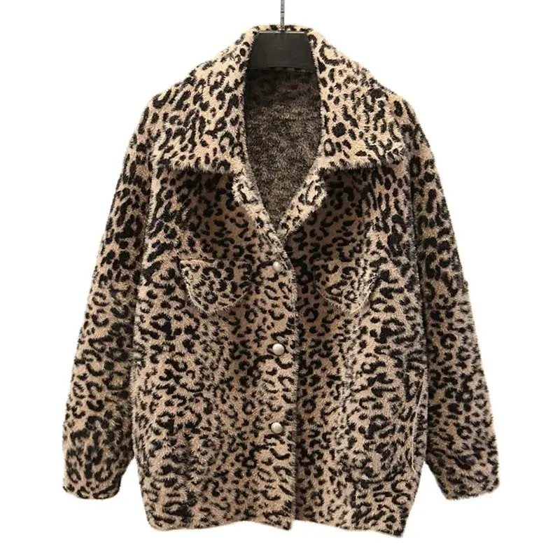 Lmitation Mink Fashion Leopard Print Sweater  Women New Loose Korean Version Autumn And Winter Short Casual Cardigan Women