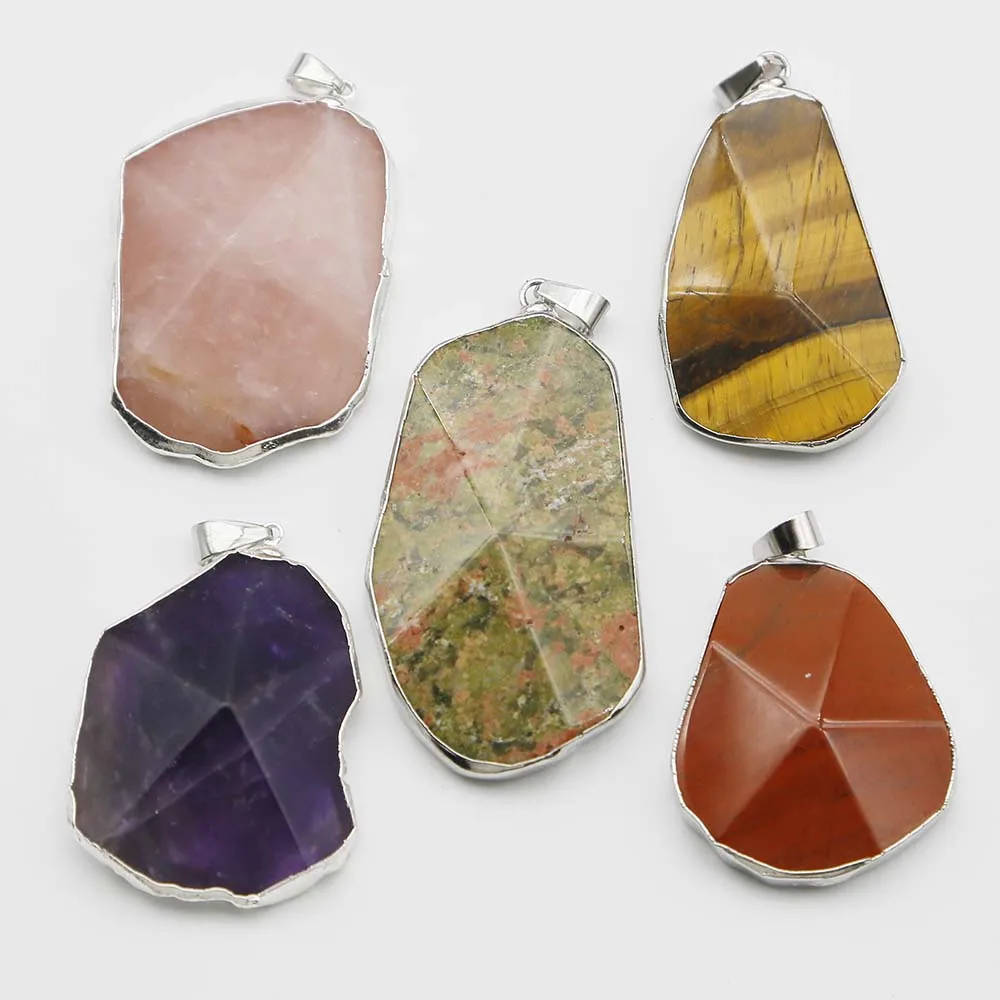 Selling Natural Stones Crystal Irregular Silver Edge Raised Cut Face Pendants Necklace Charms Jewelry Accessories Wholesale 8Pcs
