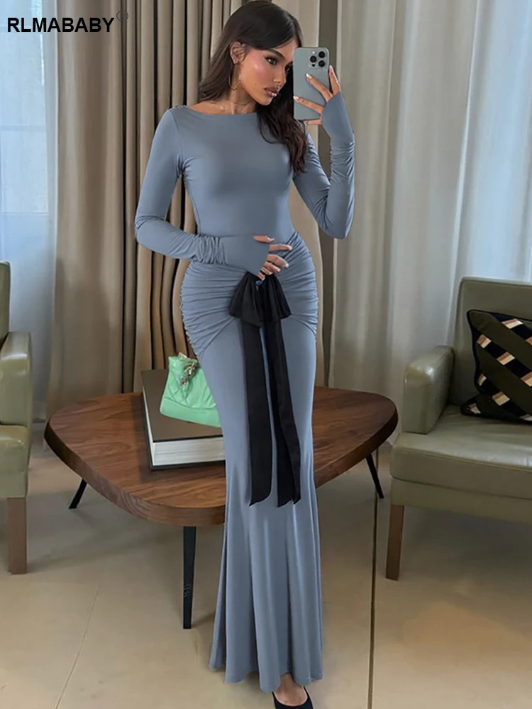 RLMABABY أنيقة س الرقبة طويلة الأكمام Ruched القوس المرأة Bodycon فستان طويل موضة نحيل مثير الدانتيل يصل الخريف الأزرق فستان ماكسي