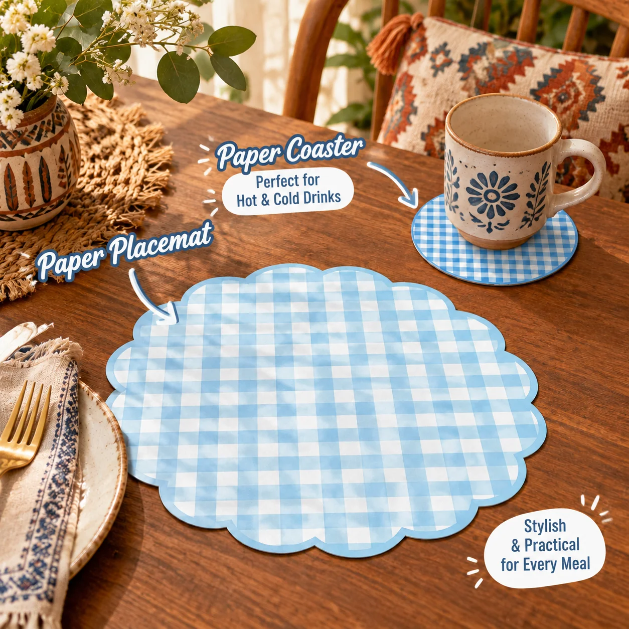 20/40/60pcs blue-and-white plaid placemats coasters, fresh pastoral paper waves, suitable for home dining tables