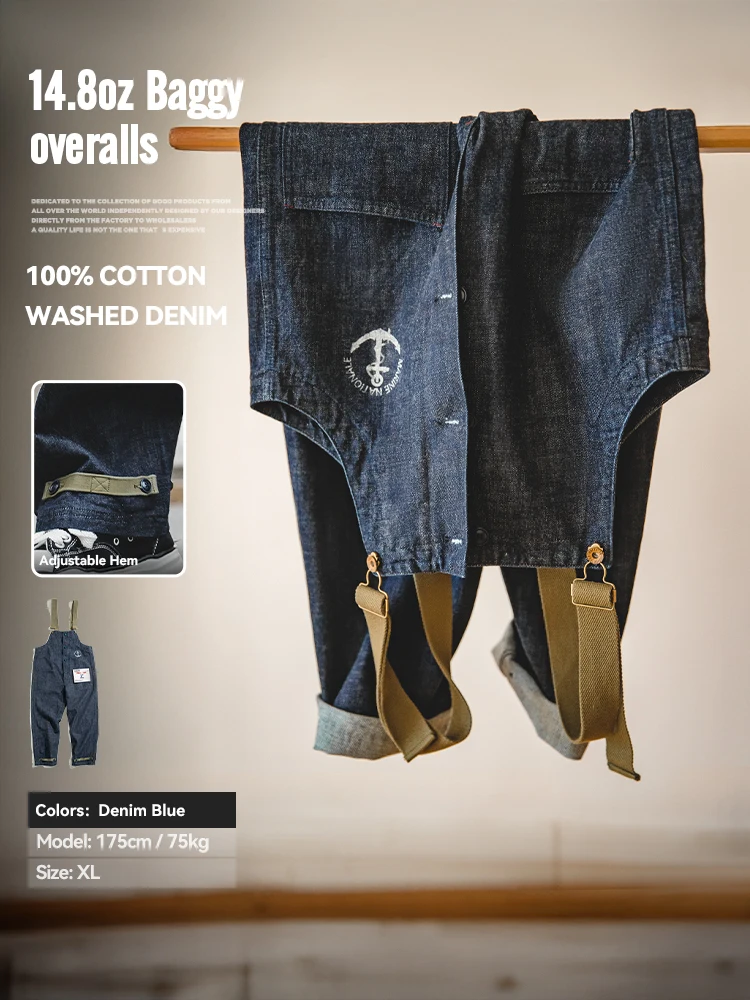Maden Safari Style Multi-Pocket Overalls Streetwear Work Cargo Jumpsuit Retro Straight Leg Pant Overalls Baggy Bib Trousers