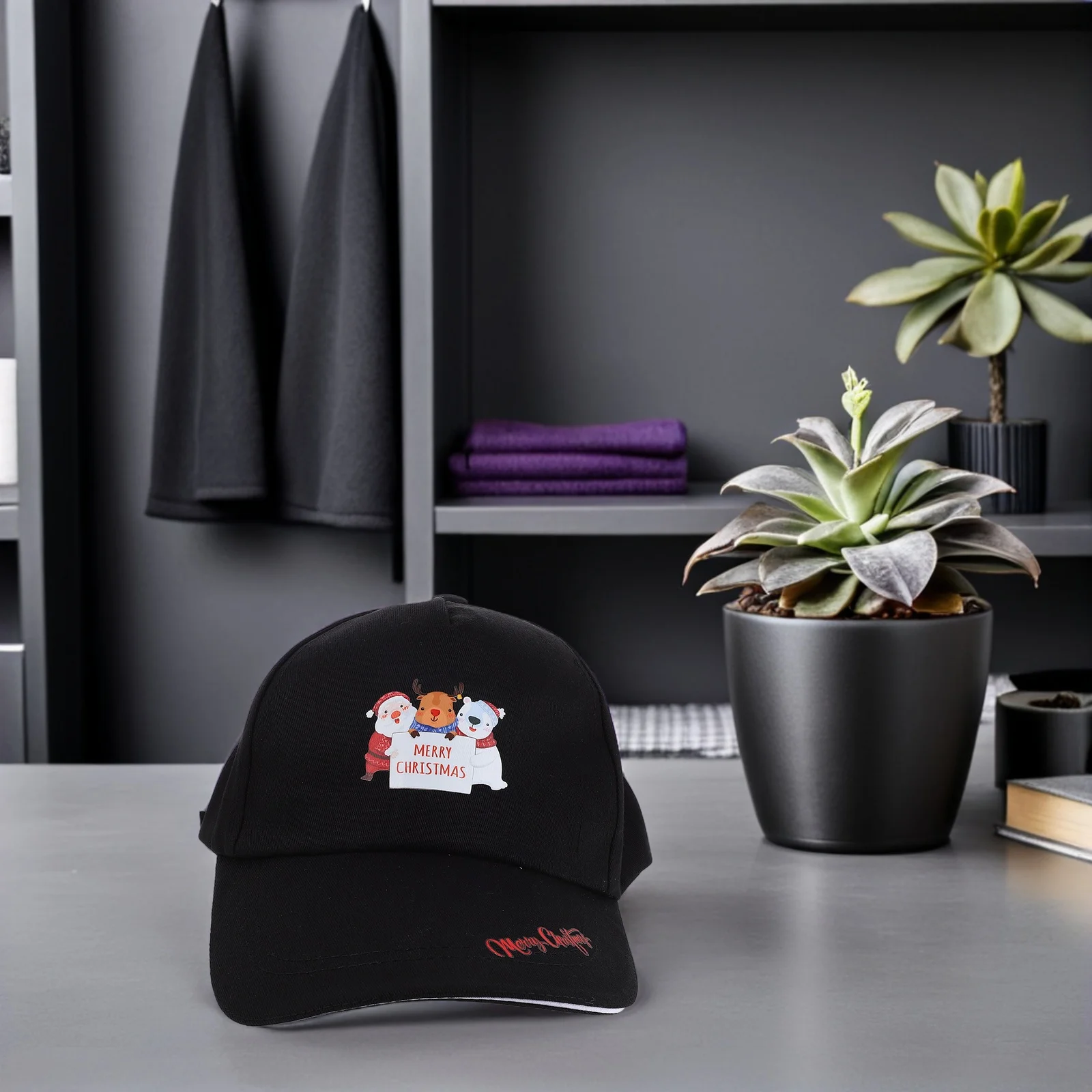 

Adjustable Black Christmas Baseball Cap Santa Claus Pattern Unisex Outdoor Sports Hat Cycling Running Casual Holiday Cap