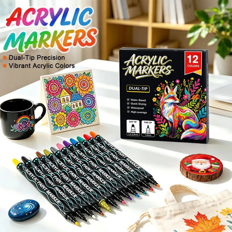 12 Colors Art Hand-Paint Dot & Fine Tip Pen Set, Rich Colors with Strong Color Performance, Works on Stones, Wood Slices, Glass