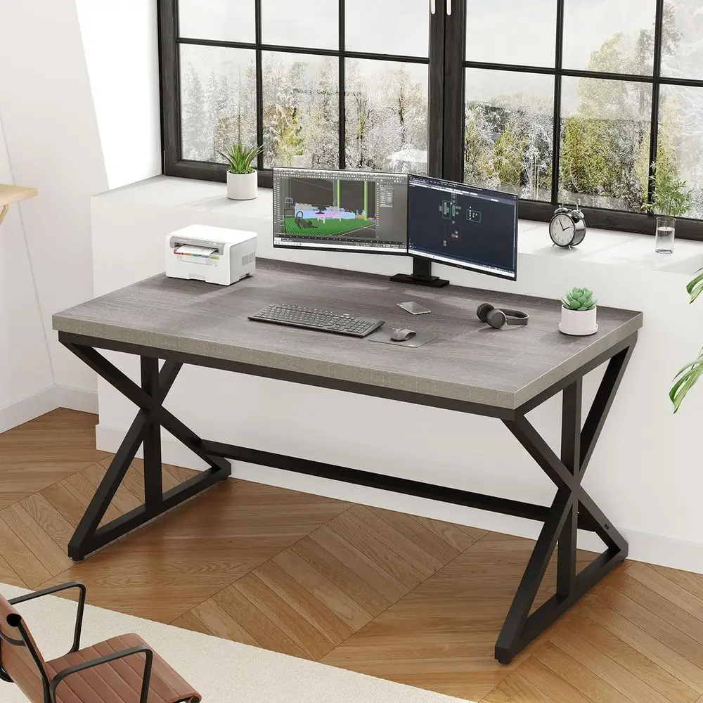 مكتب Gray Oak 47 على طراز المزرعة: محطة عمل واسعة للألعاب والمكتب مع خشب ريفي ومعدن #5