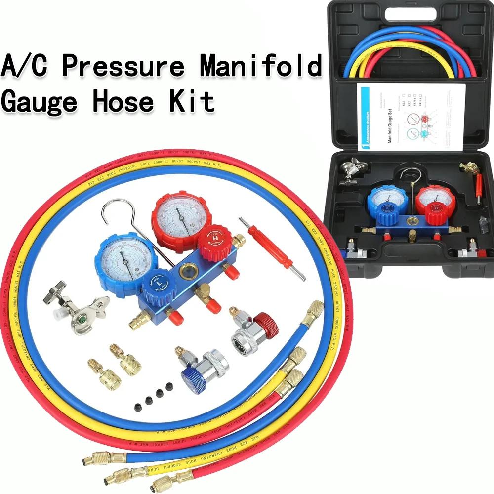 

NEW Car Air Conditioning Pressure Manifold Gauge Hose Kit R22 R-410A R-134a R-404A Refrigerant Pressure Gauge Set Storage Box