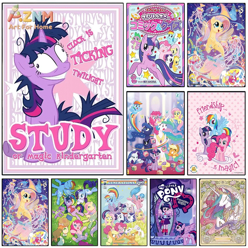 AZNM My Little Pony Equestria Girls Canvas Wall Print Single Unframed Cartoon Poster Rainbow Dash Pinkie Pie Cute Pony Art For