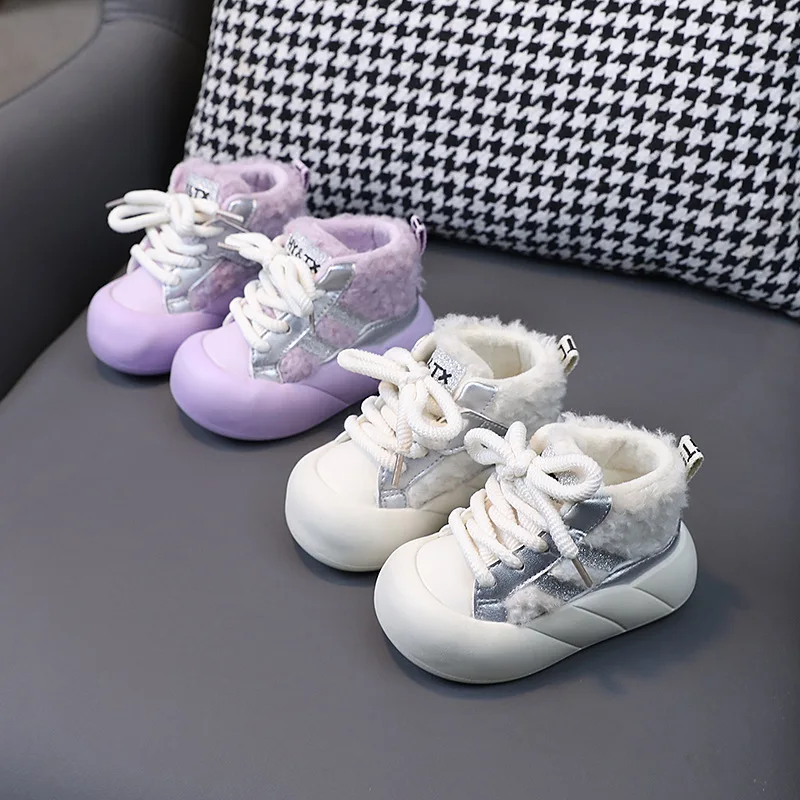 Lamb Wool Child Kid2024Winter New Boys' Cotton Shoes Fleece-lined Girls' Sneakers Fluffy Shoes