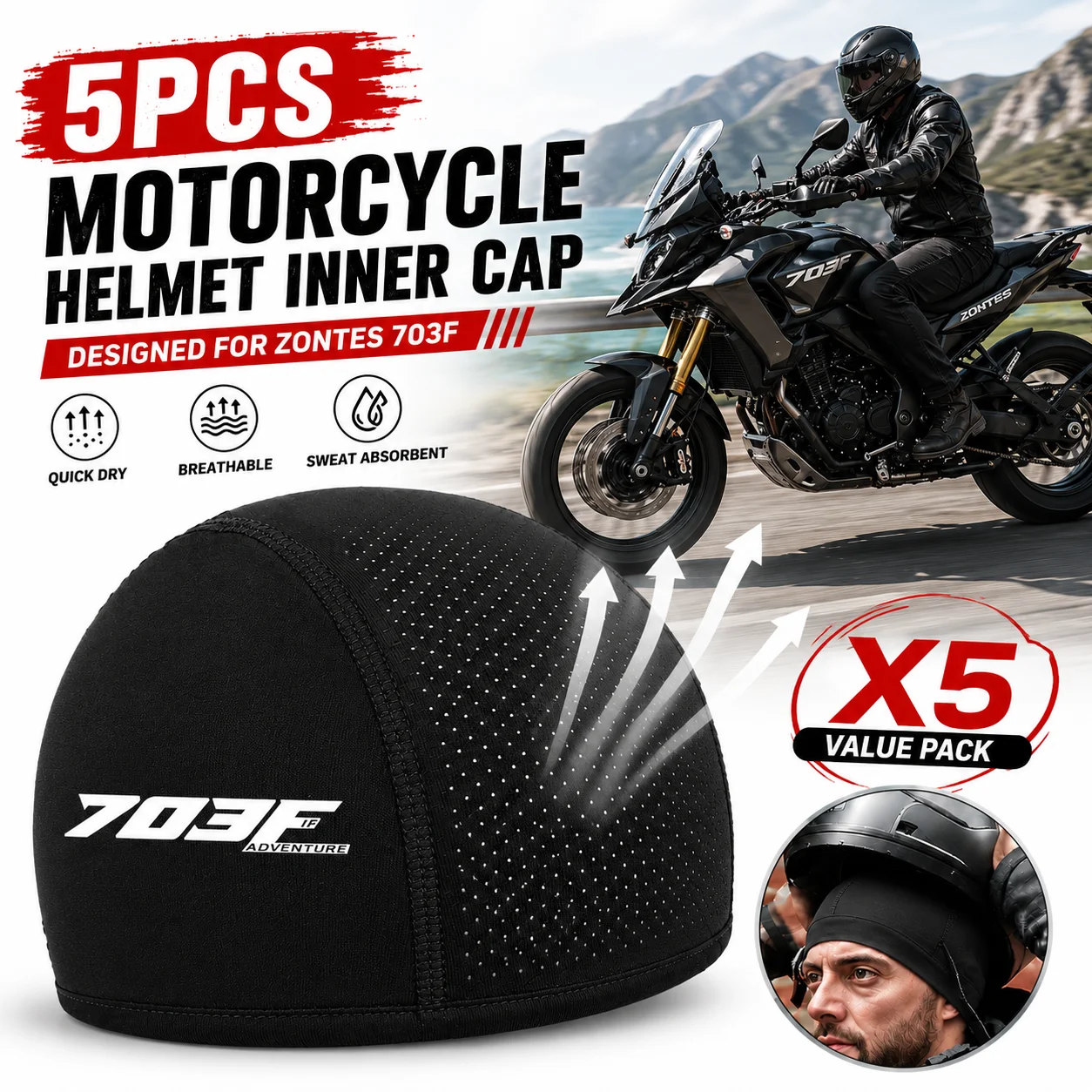 

5pcs Motorcycle Helmet Inner Cap Hat Quick Dry Breathable Hat Racing Cap Moto Riding Thin Soft Beanie For Zontes 703F 703 F 2025