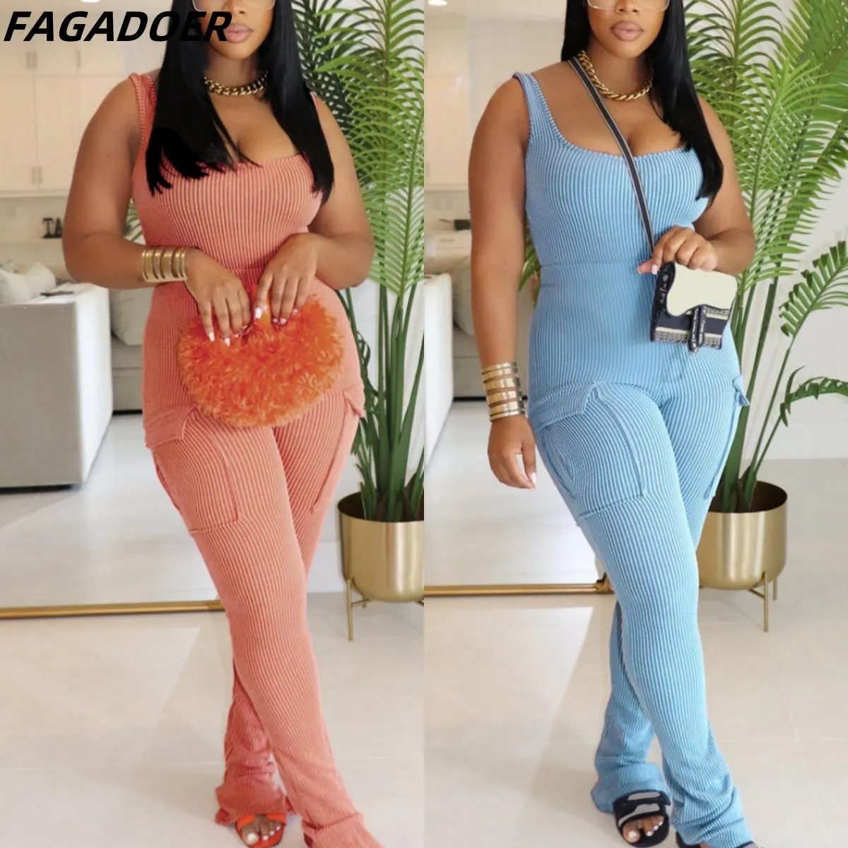 FAGADOER Casual Solid Ribber Skinny Pants Tracksuits Women Strap Sleeveless Backless Bodysuits And Pants Two Piece Sets Outfits