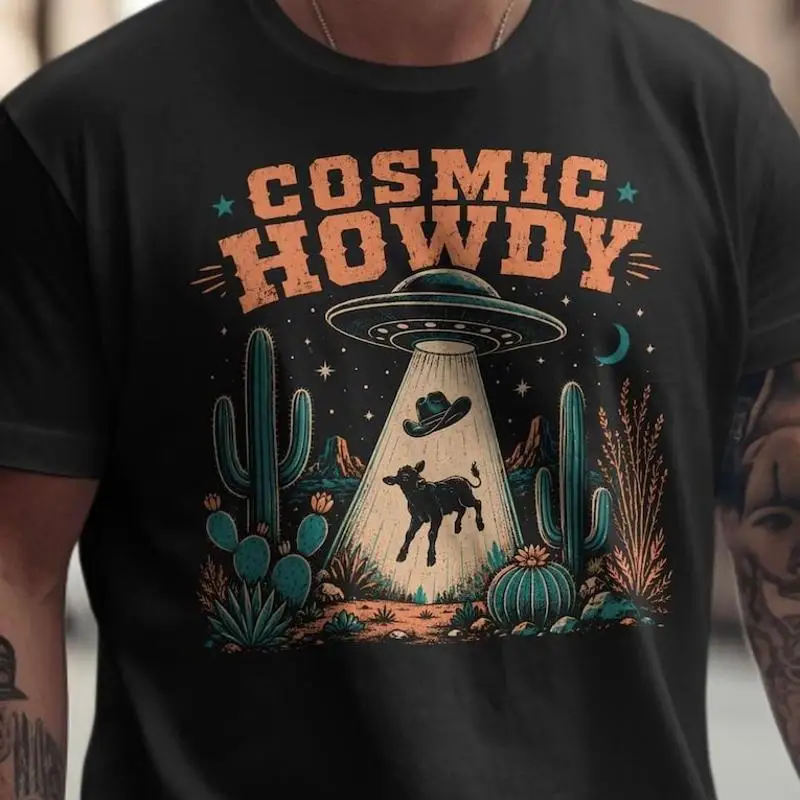 Cosmic Howdy Other Alien Abduction UFO Space Western Cowboy Hat Desert Cactus T-Shirt
