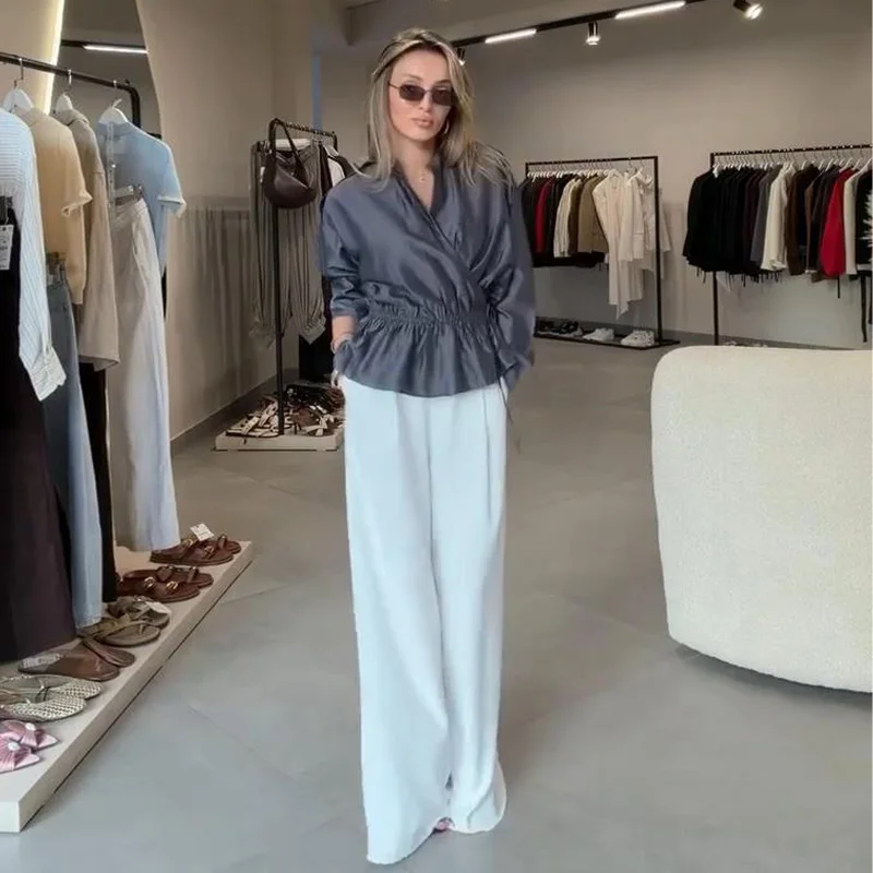 Damen Oversize-Bluse Langarm mit seitlicher Knopfleiste und Kordelzug in der Taille, plissiertes Hemd, modische Büro- und Party-Oberteile, einfarbig, locker geschnitten – Detail 7