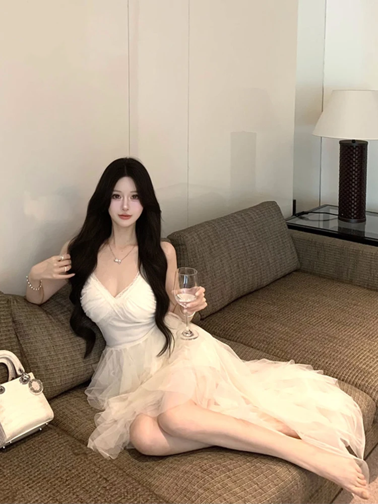 RORORIRI Desire V-neck Lace Stitch Mesh Tank Dress Women Asymmetric Ruffle Puffy Trailing Princess Dress Birthday Party Clothes