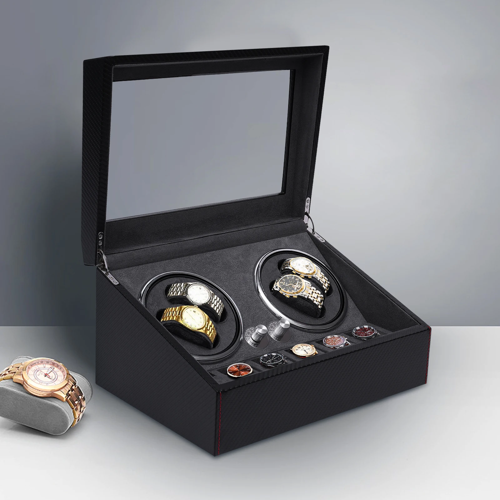 Watch Winder for 4 Automatic Watches with Extra 6 Watch Storages LED Illumination PU Shel Silent Motor Flexible Watch Pill