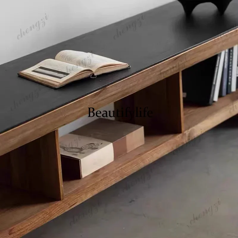 C178 Wabi Sandy Wind Color Matching Solid Wood TV Cabinet Rectangle Old Pine Floor Log Retro Homestay Decoration Cabinet Simple