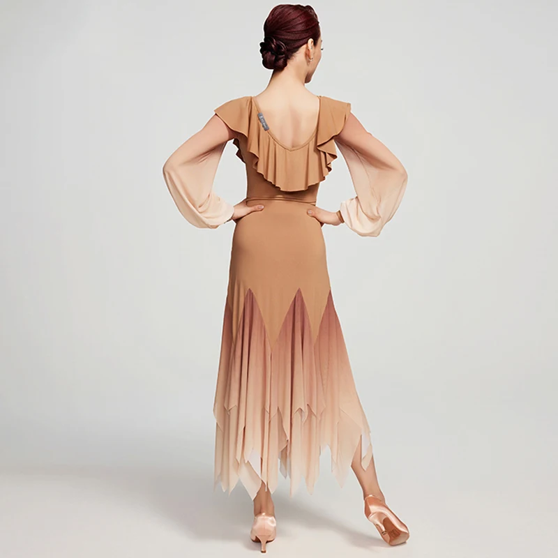 Dorośli nowoczesne stroje do tańca rękawy z marszczeniami top w stylu latynoskim długa spódnica damska walc taniec towarzyski profesjonalne sukienki SL12574